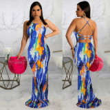 2022 Summer Slim Fit Printed Sling Sexy Backless Long Dress