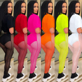 Summer solid color short-sleeved sexy tight-fitting mesh gauze see-through trousers two-piece set