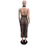 2022 Sexy Hollow Knit Fishnet Bikini Cover Turtleneck Halter Dress