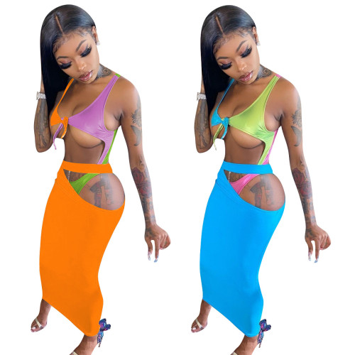 Multicolor Panel One Piece Swimsuit Beach Skirt Set