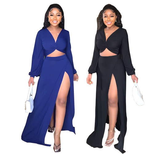 Casual Solid Color Long Sleeve  skirt two piece set