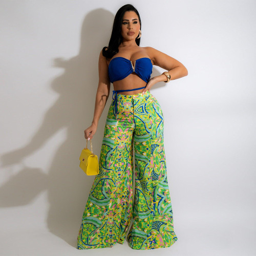 V-neck tube top printed wide-leg trousers two-piece set