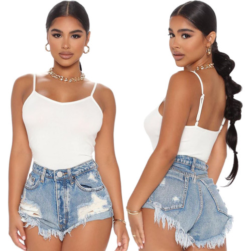 Slim-fit washed ripped non-stretch denim shorts