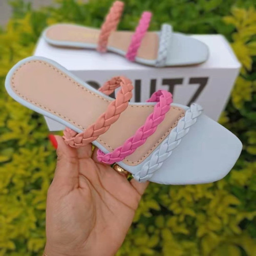 2022 summer square head flat woven hollow sandals