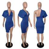 Summer open-back V-neck single-sleeve slit dress