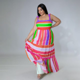 Plus Size Sling Sleeveless Loose Colorful Splicing Swing Long Skirt Dress
