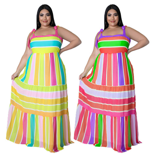 Plus Size Sling Sleeveless Loose Colorful Splicing Swing Long Skirt Dress