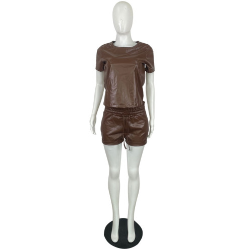 Summer casual PU leather short-sleeved shorts two-piece set