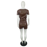 Summer casual PU leather short-sleeved shorts two-piece set