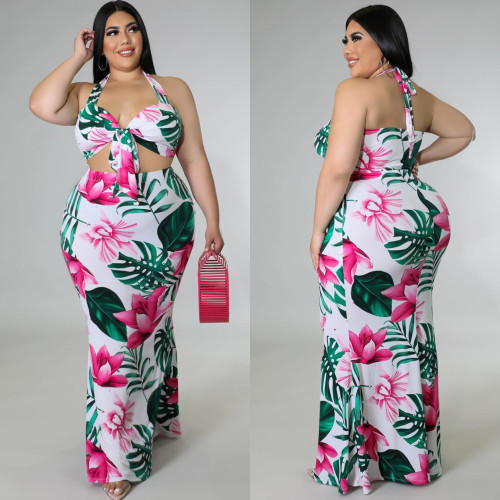 Spring/Summer Plus Size Casual Floral Print Sleeveless Lace-Up Skirt Two-Piece Set