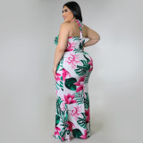 Spring/Summer Plus Size Casual Floral Print Sleeveless Lace-Up Skirt Two-Piece Set