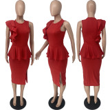 Casual Skinny Ruffle Solid High Stretch Dress