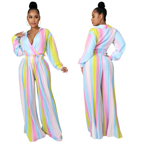 2022 casual top pants pleated two-piece set