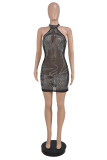 Sexy Net Yarn Perspective Hollow Out Hip Wrap Hot Diamonds Sequin Dress