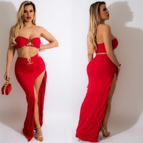 Sexy cropped navel stitching tube top slit skirt two-piece set