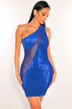 Sexy Net Yarn slanted shoulder sequins bag hip dress