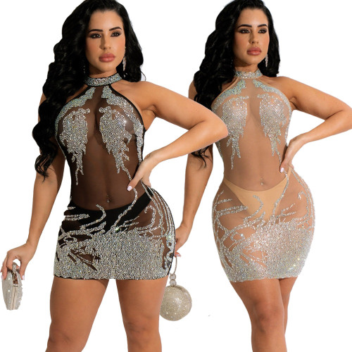 Sexy Net Yarn Perspective Hollow Out Hip Wrap Hot Diamonds Sequin Dress