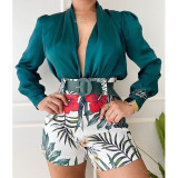 2022 Spring Printed Casual V-Neck Long Sleeve Solid Color Shirt Top Shorts Two-piece Set