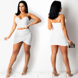 Sexy Mesh Yarn Perspective Hot Drill Sling Pack Hip Skirt Two Piece Set