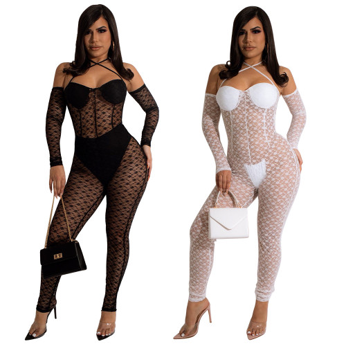 2022 sexy bodysuit lace see-through nightclub pants （With chest cotton, no panties included）