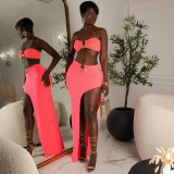 Large size color matching tube top sexy high slit dress two-piece set