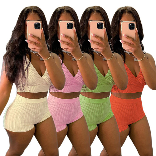 Summer Solid Color Threaded Bubble Jacquard Tank Top Shorts Two-Piece Set