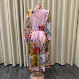 Spring high waist print dress (including belt)