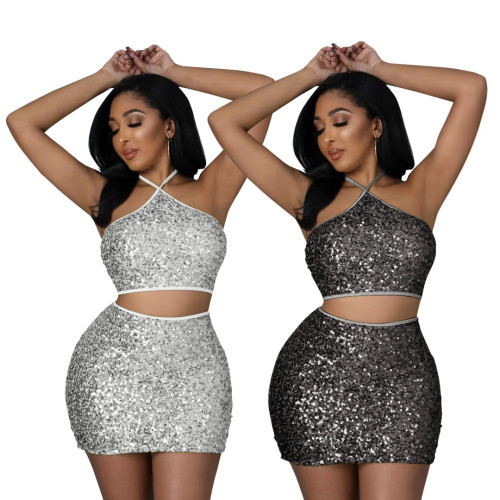 Summer sexy lace-up tube top nightclub style exposed navel sequins skirt two-piece set