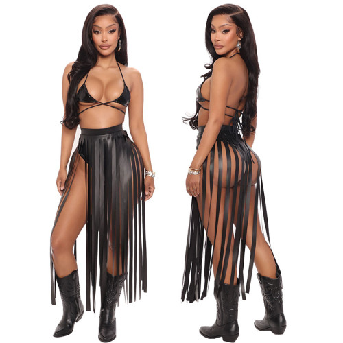 Solid color sexy tube top fringed skirt nightclub style tight two-piece suit