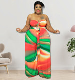 2022 summer large size off-the-shoulder off-the-navel print two-piece set