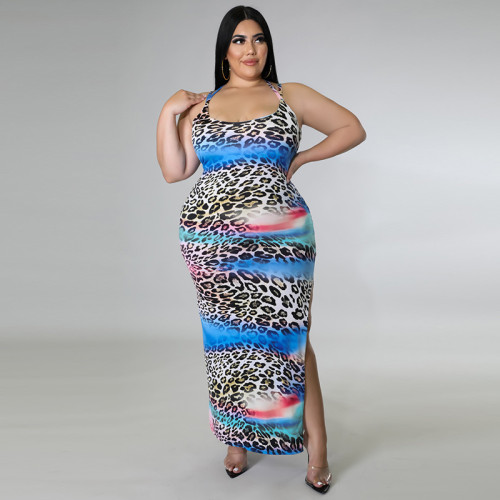Spring/Summer Plus Size Sling Sexy Rainbow Leopard Print Hip Dress