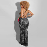 Spring 2022 Feather Print Backless Long Dress