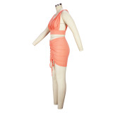 Solid Color Vest Drawstring Pleated Skirt Sleeveless Sexy Backless Two-piece Set
