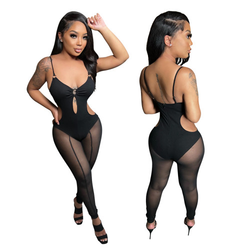 Sexy see-through hollow suspender jumpsuit