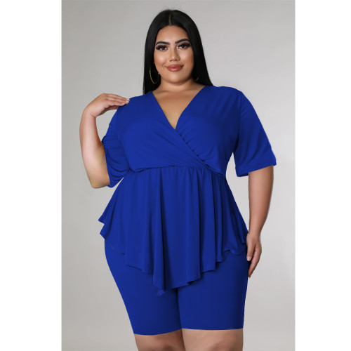 2022 summer plus size solid color short-sleeved casual two-piece suit