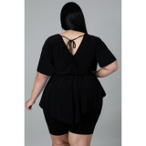 2022 summer plus size solid color short-sleeved casual two-piece suit