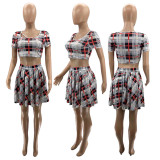Printed Plaid Sexy Pleated Skirt Two Piece Set