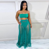 Summer hollow sexy tube top solid color mesh perspective long two-piece set
