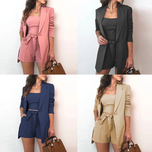 Summer solid color tie small suit three-piece suit (including drawstring)