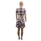 Printed Plaid Sexy Pleated Skirt Two Piece Set