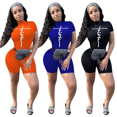 Solid Color Print Crew Neck Short Sleeve Tight Jumpsuit