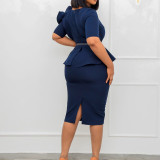 2022 Summer Short Sleeve Flower Solid Color Pack Hip Tight Dress (Send Belt)