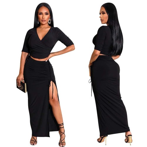 Spring/Summer pleated half-sleeve slit skirt lace-up two-piece suit