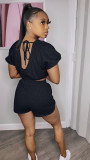 2022 summer backless lace-up top drawstring waist shorts two-piece set