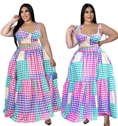 2022 Spring Large Size Irregular Plaid Skirt Two Pieces