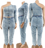 2022 spring large size sexy sloping shoulder single sleeve washed denim two-piece suit