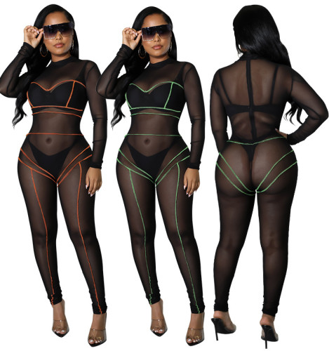 2022 spring net yarn contrast color stitching sexy jumpsuit