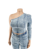 2022 spring large size sexy sloping shoulder single sleeve washed denim two-piece suit