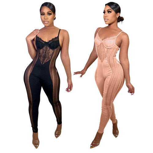Summer sexy suspenders net cloth tight jumpsuit