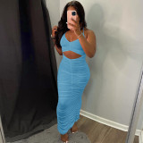Summer sexy solid color sling smocked  tube top dress